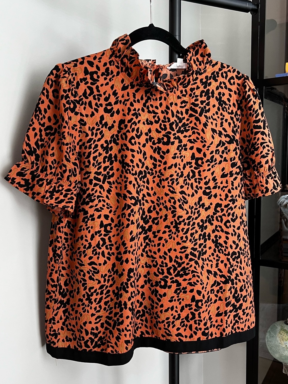 THML Orange and Black Leopard Print Ruffle Neck Blouse